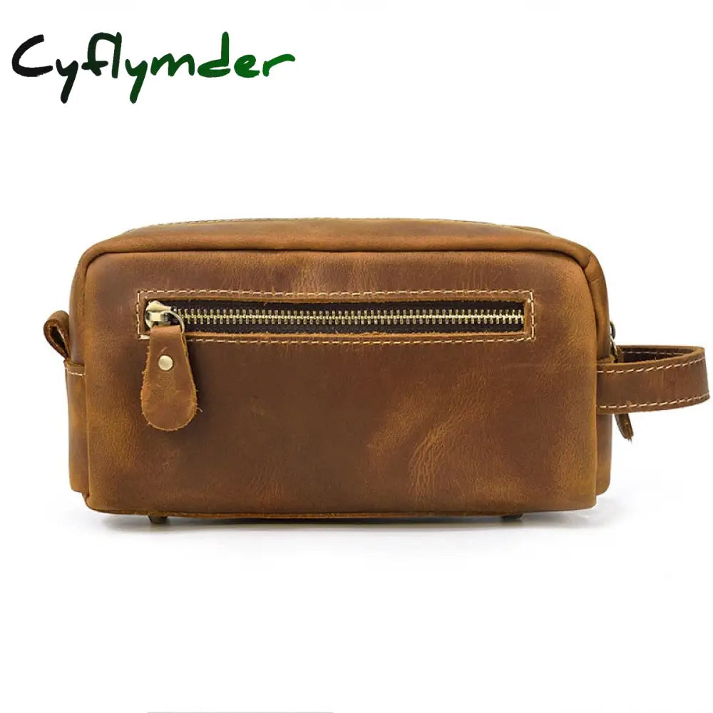 Cyflymder Brown Men’s Genuine Leather Daily Clutch Handbag Travelling Storge Bags For Make Up