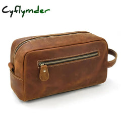 Cyflymder Brown Men’s Genuine Leather Daily Clutch Handbag Travelling Storge Bags For Make Up