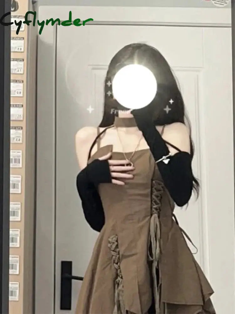 Cyflymder Brown Suspender Dress Women Summer New French Sexy Wear Irregular Splicing Lacing High Waist A-line Camisole