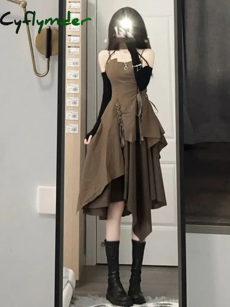 Cyflymder Brown Suspender Dress Women Summer New French Sexy Wear Irregular Splicing Lacing High Waist A-line Camisole