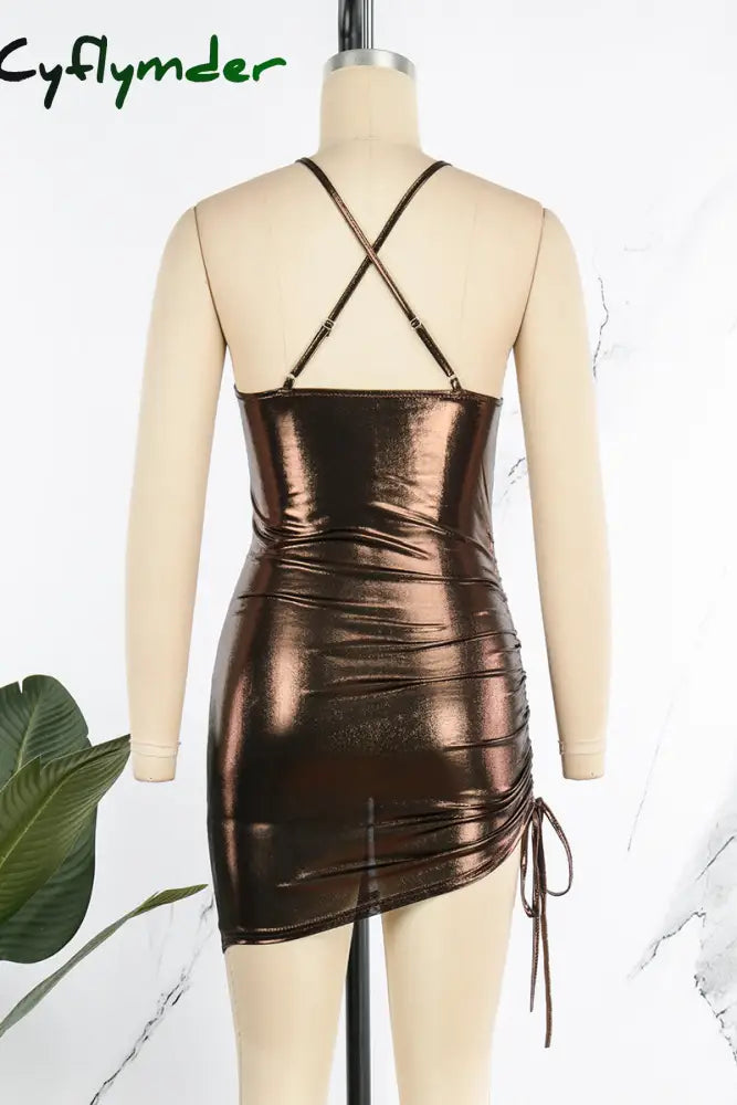 Cyflymder - Brownness Sexy Solid Draw String Frenulum Backless Spaghetti Strap Sleeveless Dress