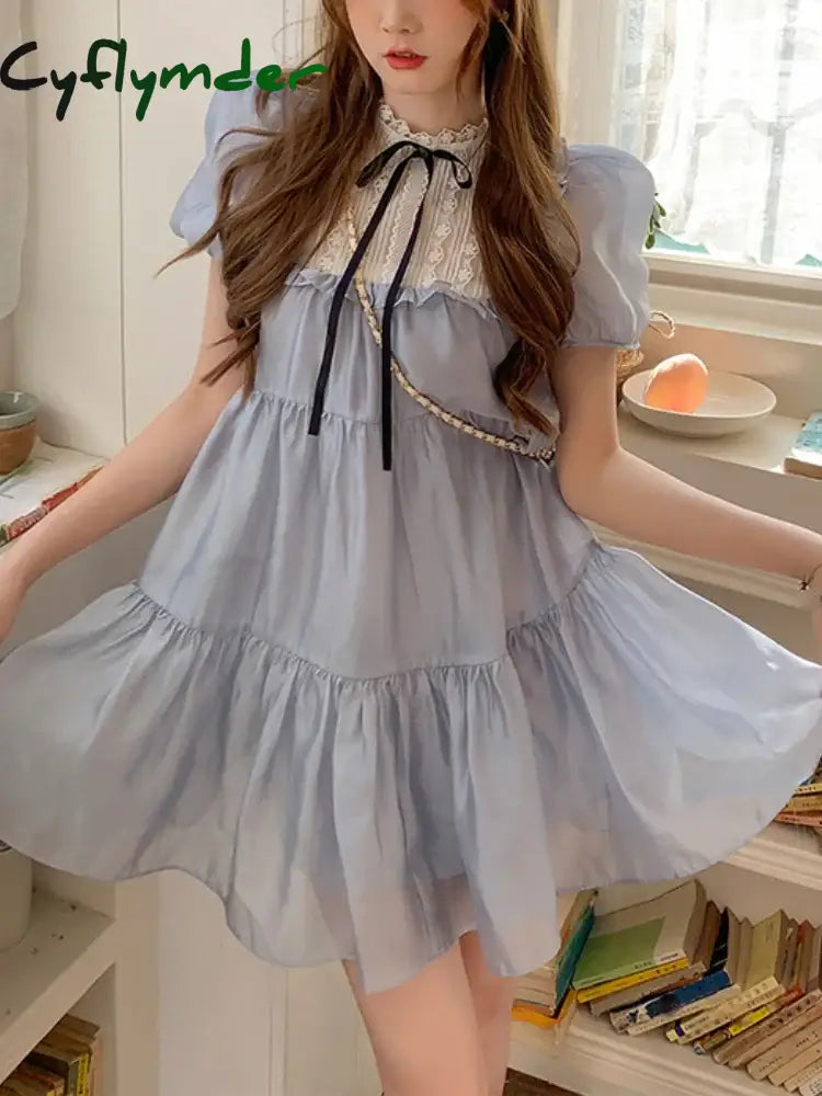 Bubble Sleeve Japanese Kawaii Dress Women Chiffon Elegant Sweet Party Mini Dress Female Lace-up Causal Fairy Dress Summer