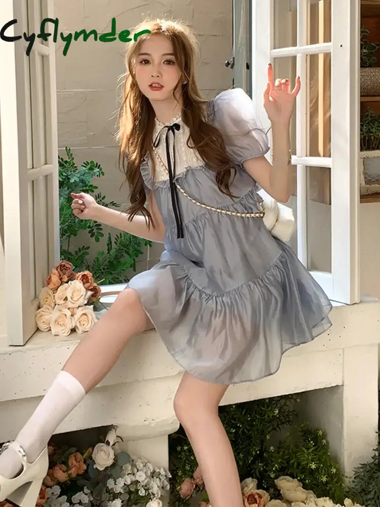 Cyflymder Bubble Sleeve Japanese Kawaii Dress Women Chiffon Elegant Sweet Party Mini Female Lace-Up