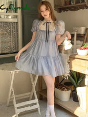 Cyflymder Bubble Sleeve Japanese Kawaii Dress Women Chiffon Elegant Sweet Party Mini Female Lace-Up