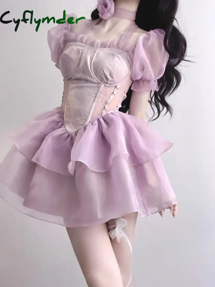 Cyflymder Bubble Sleeve Korea Designer Dress Women Patchwork Vintage Sweet Party Mini Female Purple