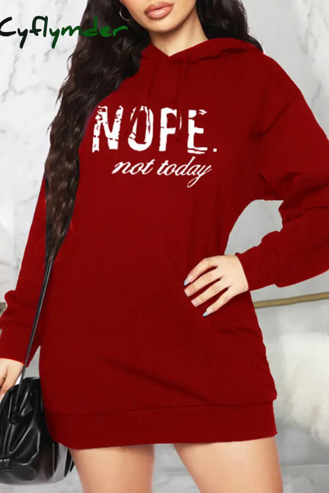 Cyflymder - Burgundy Casual Letter Print Basic Hooded Collar Long Sleeve Dresses