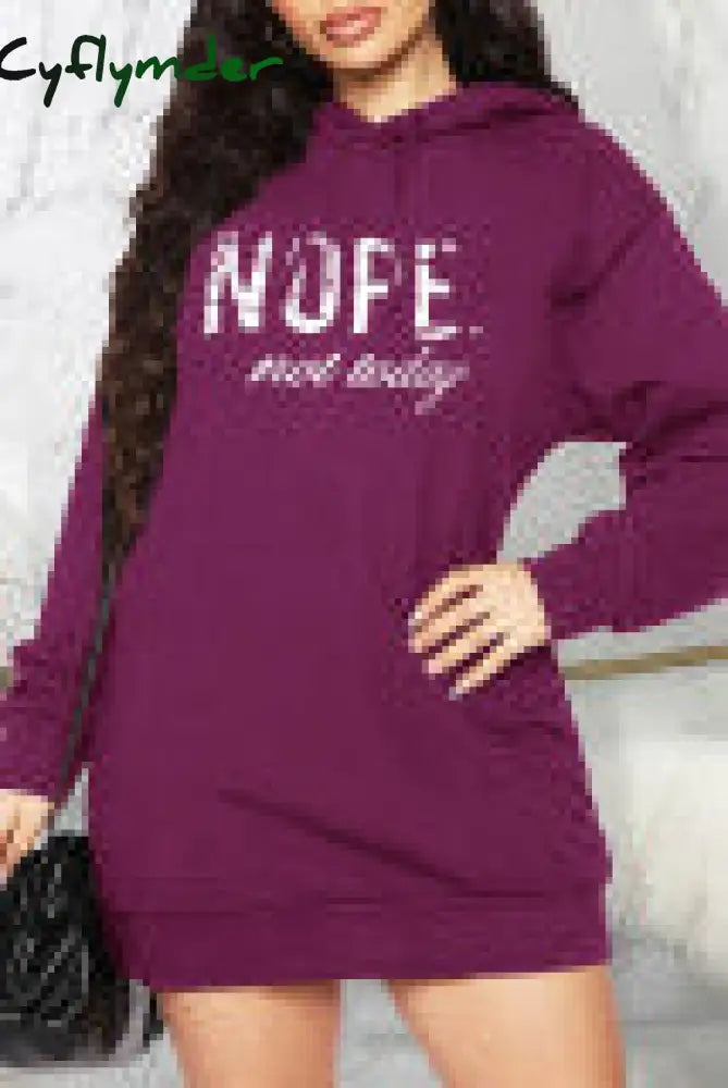 Cyflymder - Burgundy Casual Letter Print Basic Hooded Collar Long Sleeve Dresses Purple / S