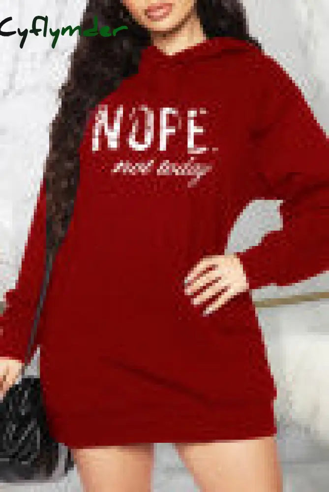 Cyflymder - Burgundy Casual Letter Print Basic Hooded Collar Long Sleeve Dresses / S