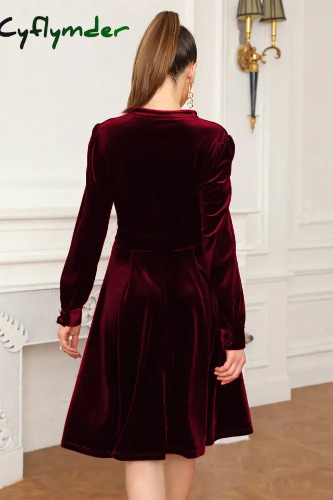 Cyflymder - Burgundy Casual Solid Patchwork V Neck Long Sleeve Dresses