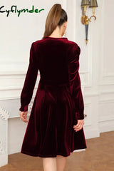 Cyflymder - Burgundy Casual Solid Patchwork V Neck Long Sleeve Dresses