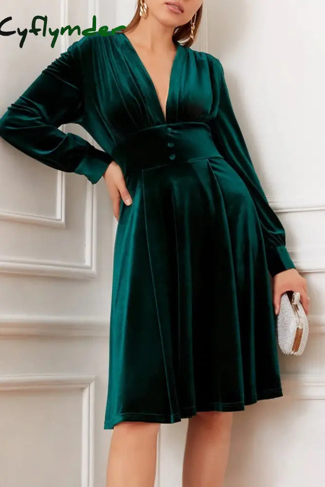 Cyflymder - Burgundy Casual Solid Patchwork V Neck Long Sleeve Dresses