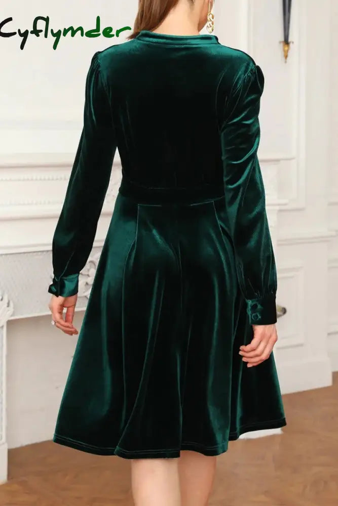 Cyflymder - Burgundy Casual Solid Patchwork V Neck Long Sleeve Dresses