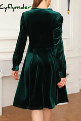 Cyflymder - Burgundy Casual Solid Patchwork V Neck Long Sleeve Dresses