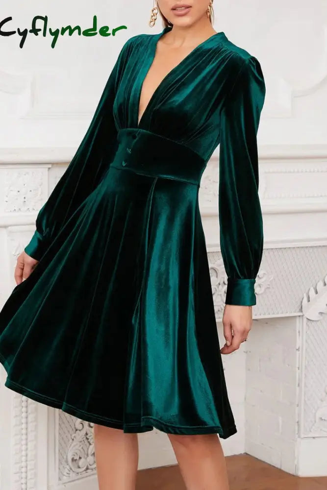 Cyflymder - Burgundy Casual Solid Patchwork V Neck Long Sleeve Dresses Green / S