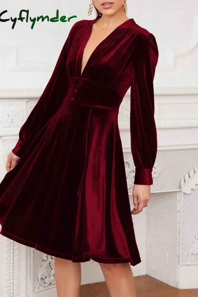 Cyflymder - Burgundy Casual Solid Patchwork V Neck Long Sleeve Dresses / S