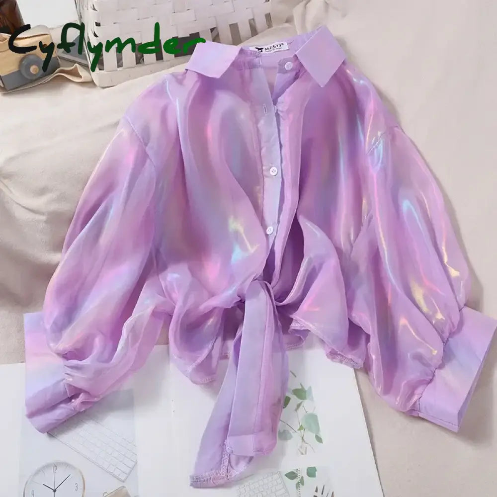 Cyflymder Buttoned Up Shirts Women Half Sleeve Shining Sparkles Tied Waist Sexy Chiffon Blouses For