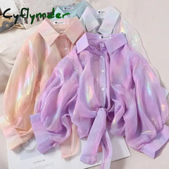 Cyflymder Buttoned Up Shirts Women Half Sleeve Shining Sparkles Tied Waist Sexy Chiffon Blouses For