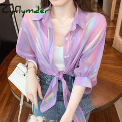 Cyflymder Buttoned Up Shirts Women Half Sleeve Shining Sparkles Tied Waist Sexy Chiffon Blouses For