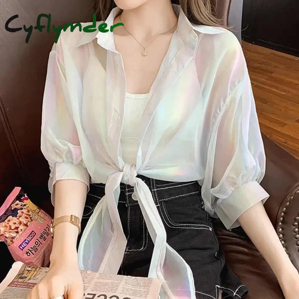 Cyflymder Buttoned Up Shirts Women Half Sleeve Shining Sparkles Tied Waist Sexy Chiffon Blouses For