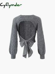 Cyflymder - Cable Knit Tie Back Crop Sweater Sweaters