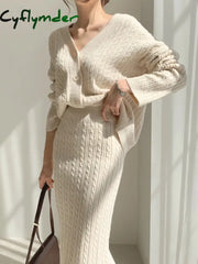 Cyflymder - Cable Knit Two Piece Sweater Skirt Set Apricot / S Co-Ords