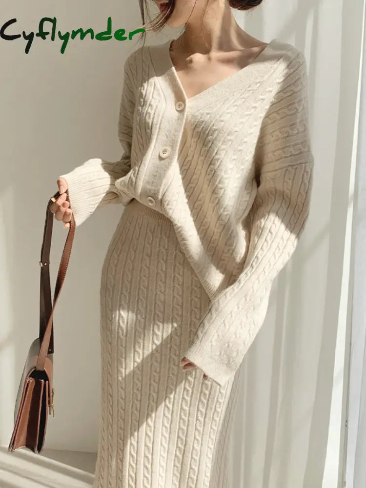 Cyflymder - Cable Knit Two Piece Sweater Skirt Set Co-Ords