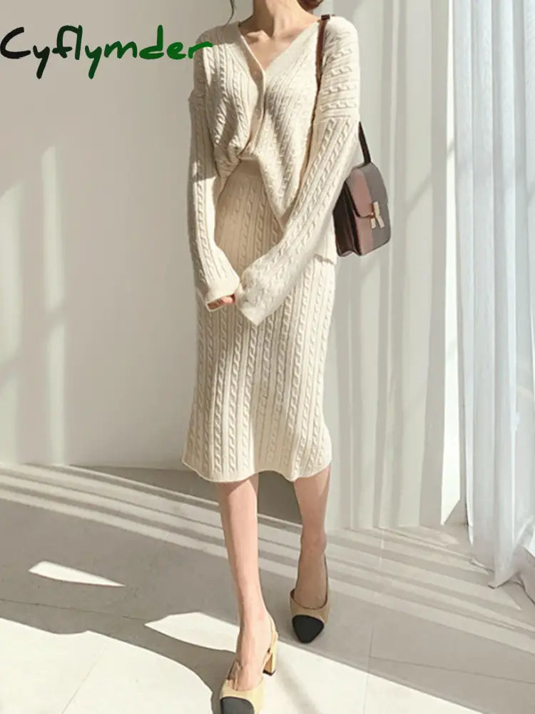 Cyflymder - Cable Knit Two Piece Sweater Skirt Set Co-Ords