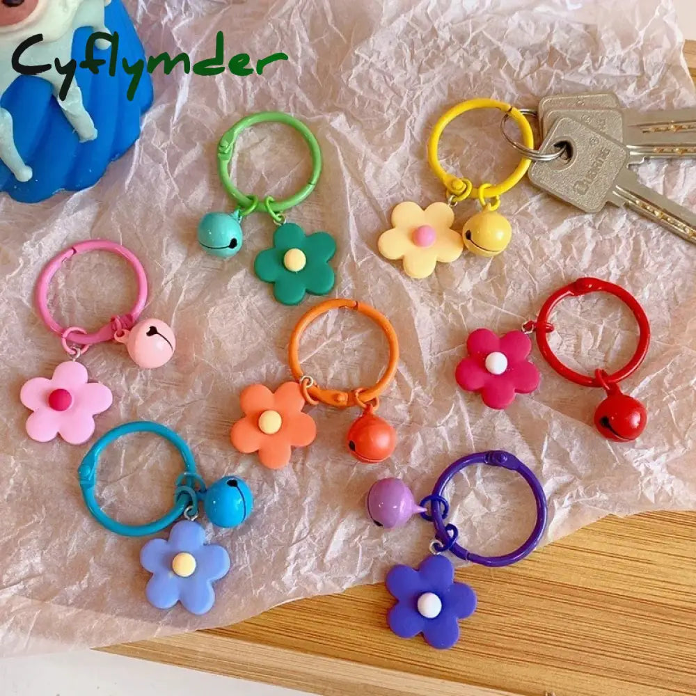 Cyflymder Candy Color Flower Keychain With Bell Creative Women Earphone Case Bag Key Rings Pendant