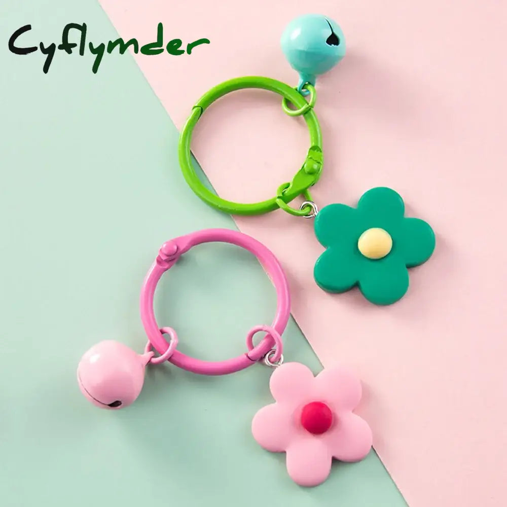 Cyflymder Candy Color Flower Keychain With Bell Creative Women Earphone Case Bag Key Rings Pendant