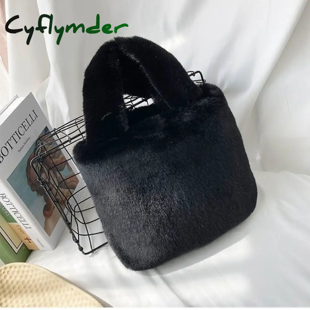 Cyflymder Candy Color Ladies Faux Fur Shoulder Bags Soft Plush Purse Handbags For Women Winter