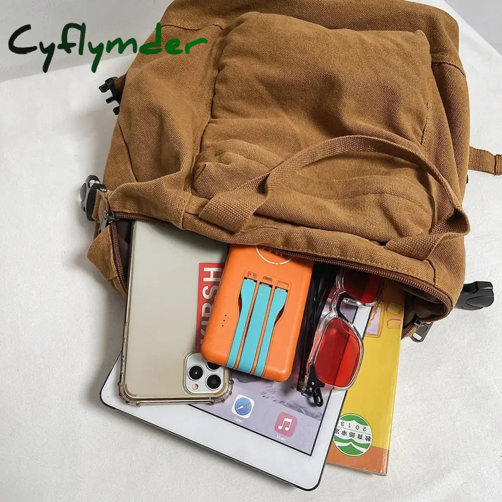 Cyflymder Canvas Backpack Vintage Commuting School Bag Solid Color Student Rucksack Aesthetic Hippie Y2K Backpack for
