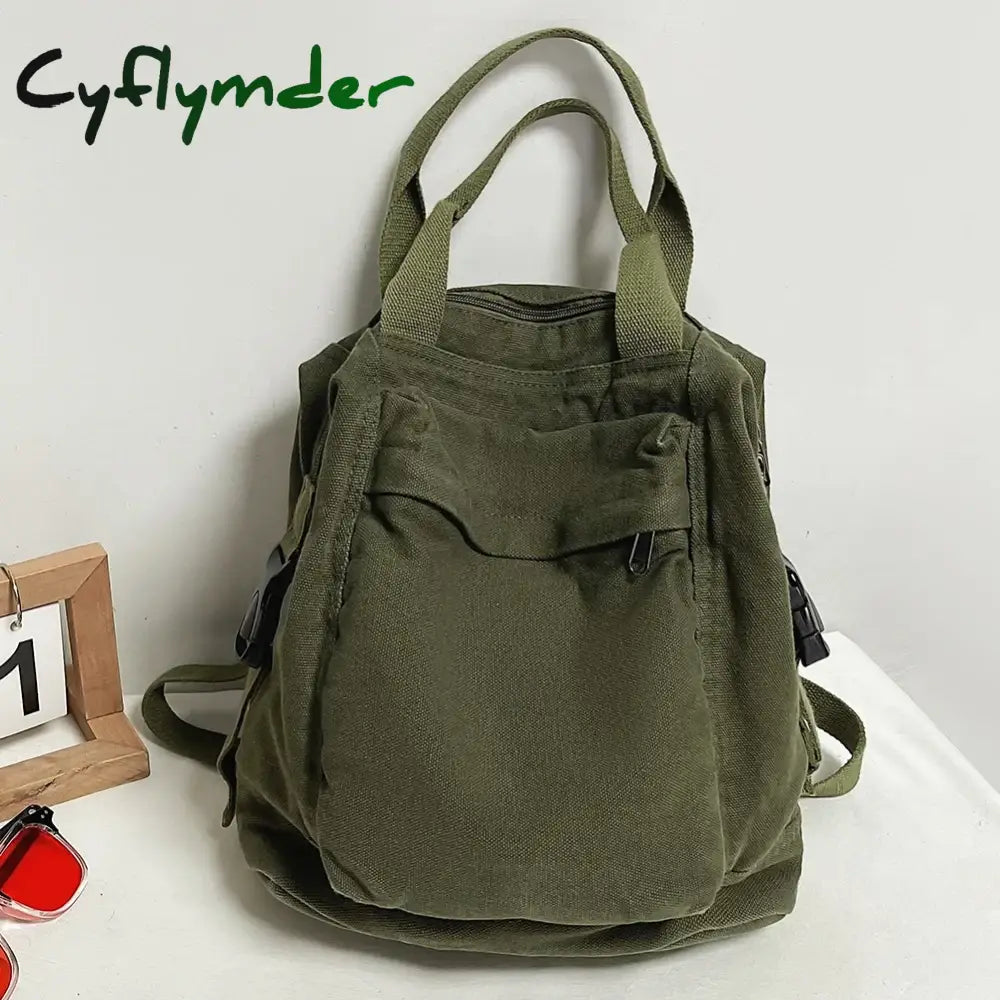 Cyflymder Canvas Backpack Vintage Commuting School Bag Solid Color Student Rucksack Aesthetic Hippie Y2K Backpack for