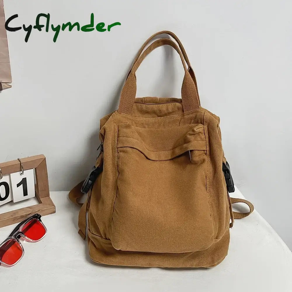 Cyflymder Canvas Backpack Vintage Commuting School Bag Solid Color Student Rucksack Aesthetic Hippie Y2K Backpack for