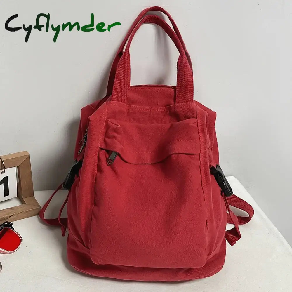 Cyflymder Canvas Backpack Vintage Commuting School Bag Solid Color Student Rucksack Aesthetic Hippie Y2K Backpack for