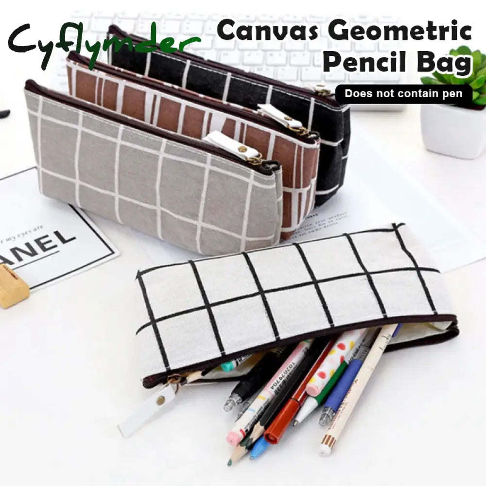 Cyflymder Canvas Geometric Pencil Bag Case School Simple Striped Grid Solid Color Cute Pouch Office