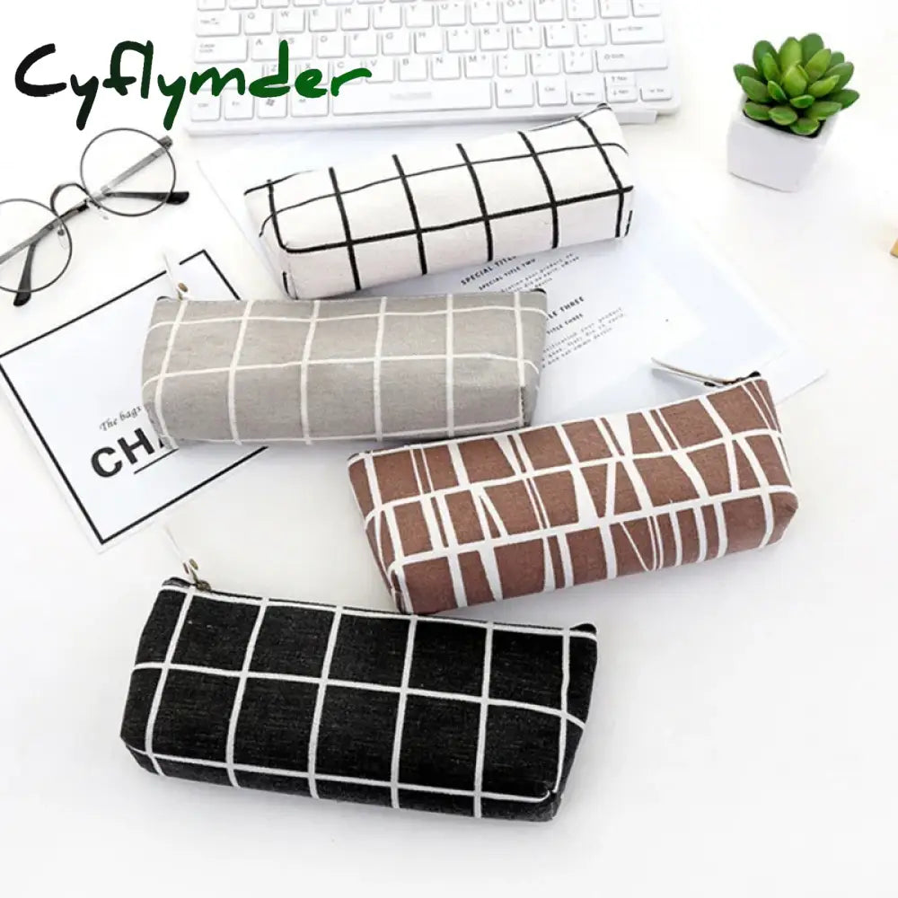 Cyflymder Canvas Geometric Pencil Bag Case School Simple Striped Grid Solid Color Cute Pouch Office