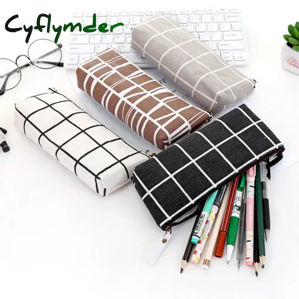 Cyflymder Canvas Geometric Pencil Bag Case School Simple Striped Grid Solid Color Cute Pouch Office