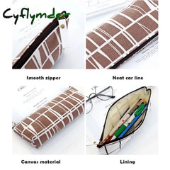 Cyflymder Canvas Geometric Pencil Bag Case School Simple Striped Grid Solid Color Cute Pouch Office