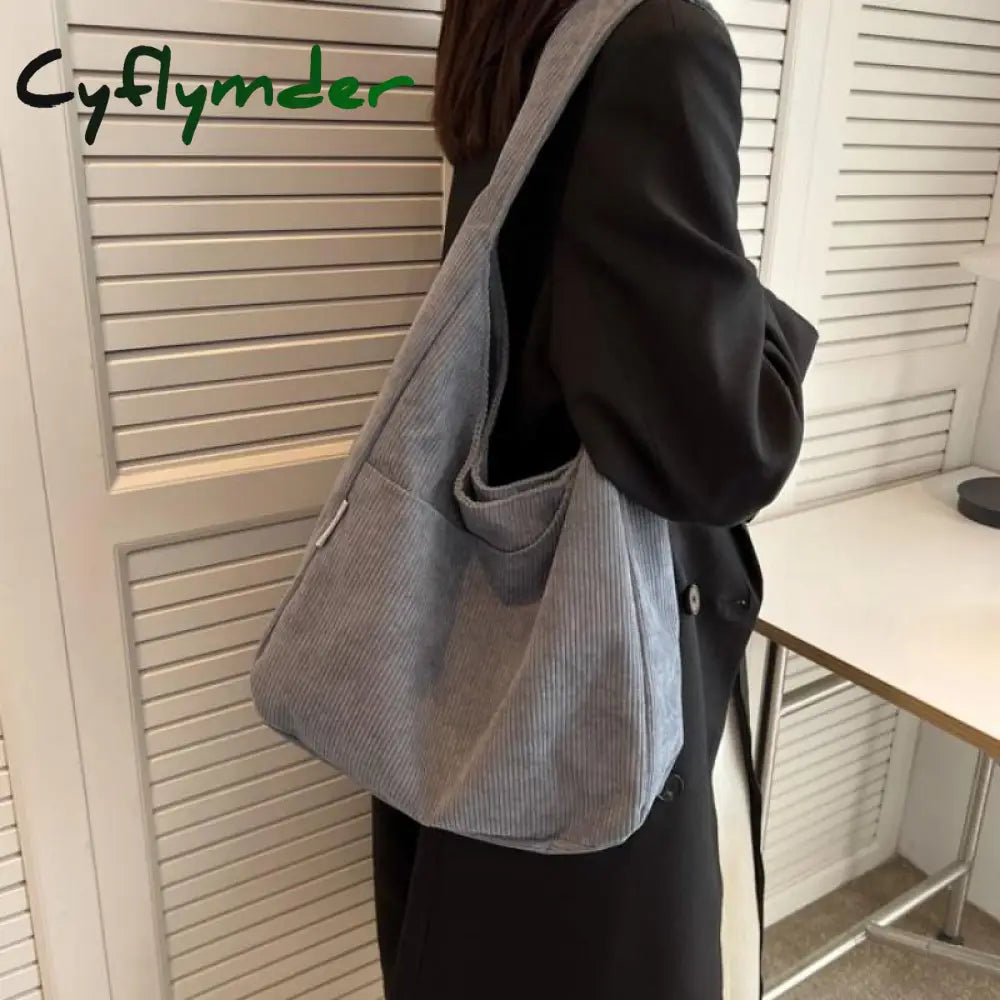 Cyflymder Canvas Shoulder Women’s Tote Bag Corduroy Simple Casual Large Capacity Designer