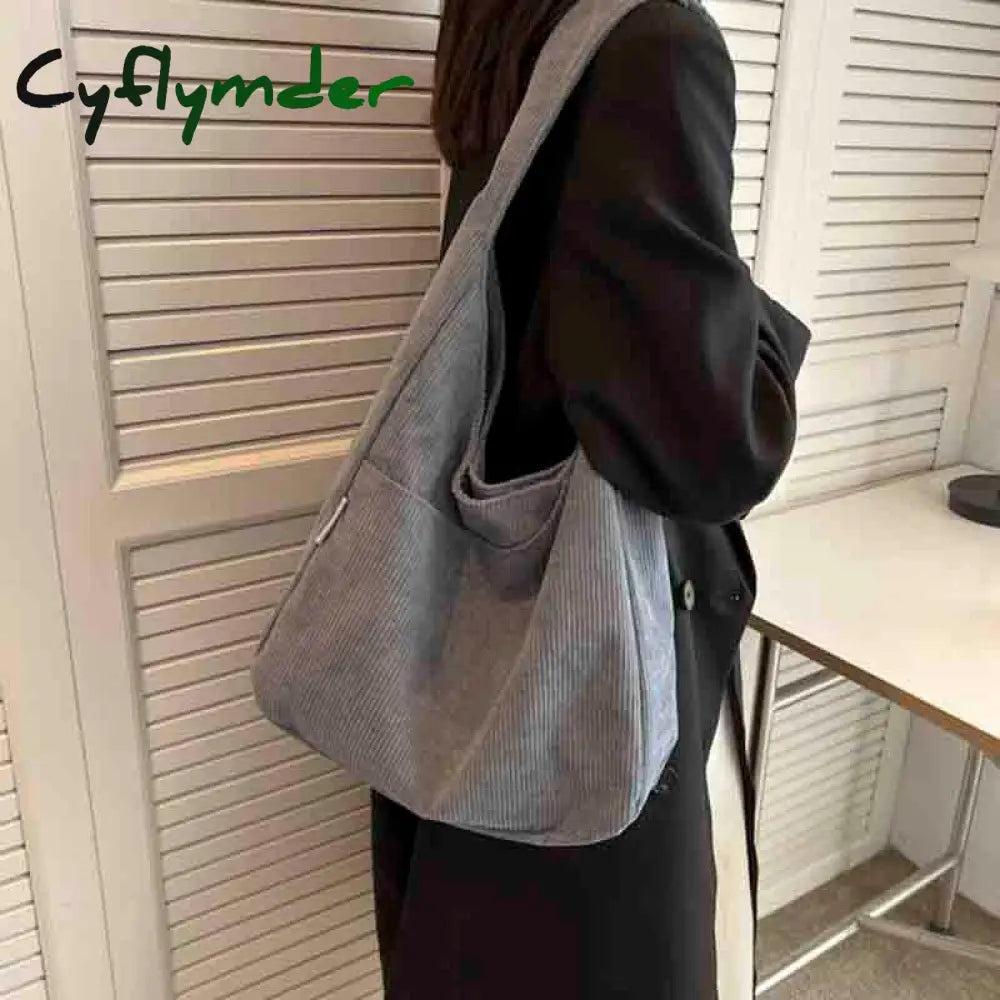 Cyflymder Canvas Shoulder Women’s Tote Bag Corduroy Simple Casual Large Capacity Designer