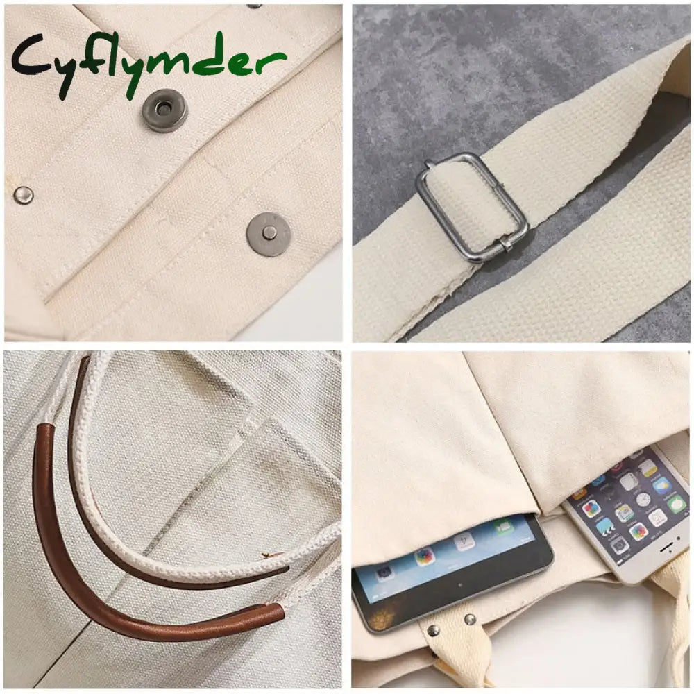 Cyflymder Canvas Simple Totes With Many Pockets Messenger Bags Large Capacity Shoulder Bag Female