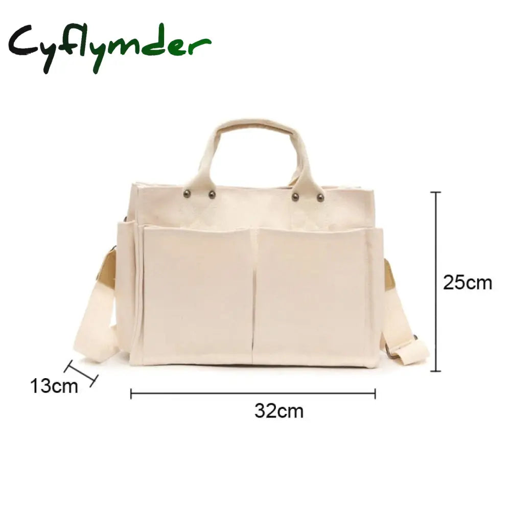 Cyflymder Canvas Simple Totes With Many Pockets Messenger Bags Large Capacity Shoulder Bag Female