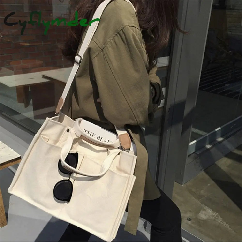 Cyflymder Canvas Simple Totes With Many Pockets Messenger Bags Large Capacity Shoulder Bag Female