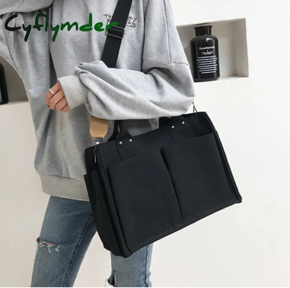 Cyflymder Canvas Simple Totes With Many Pockets Messenger Bags Large Capacity Shoulder Bag Female