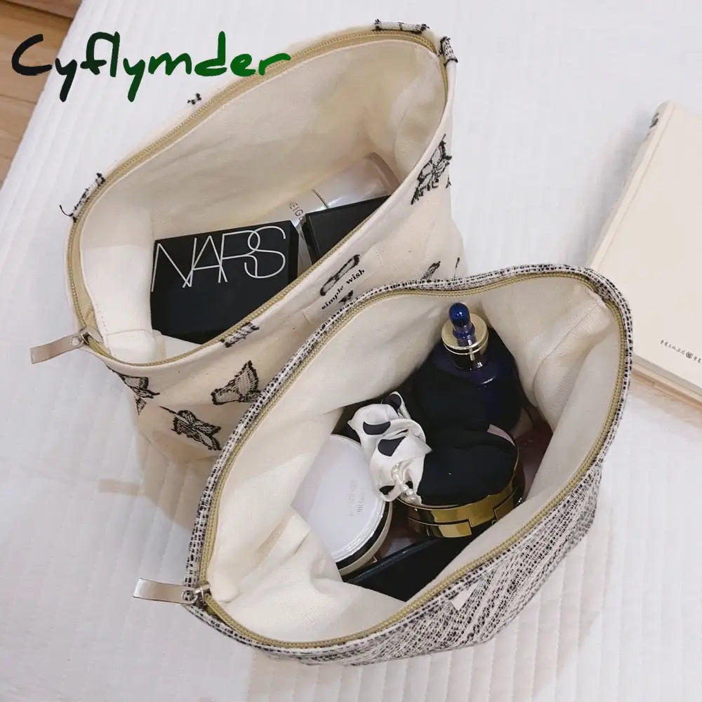 Cyflymder Canvas Women Cosmetic Bag For Make Up Cloth Makeup Pouch Zipper Toiletry Traveling