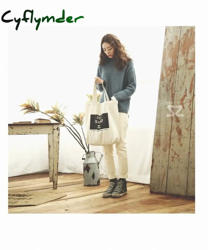 Cyflymder Canvas Zipper Shopping Bag Large Capacity Conventional Tote Fashion Letter Printing