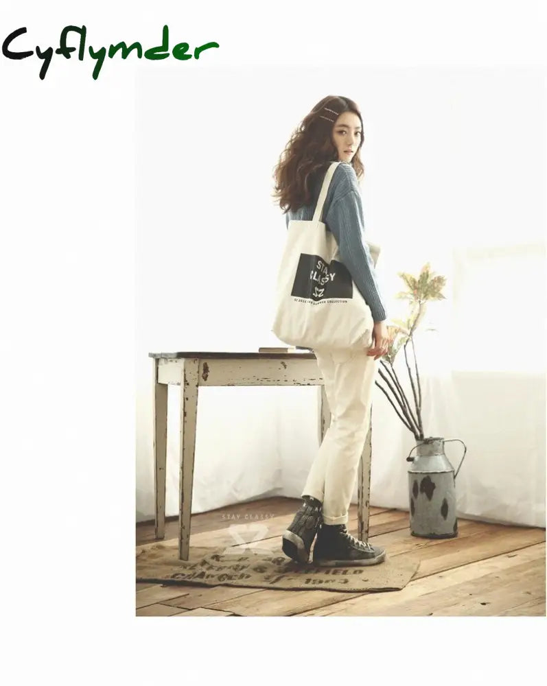 Cyflymder Canvas Zipper Shopping Bag Large Capacity Conventional Tote Fashion Letter Printing