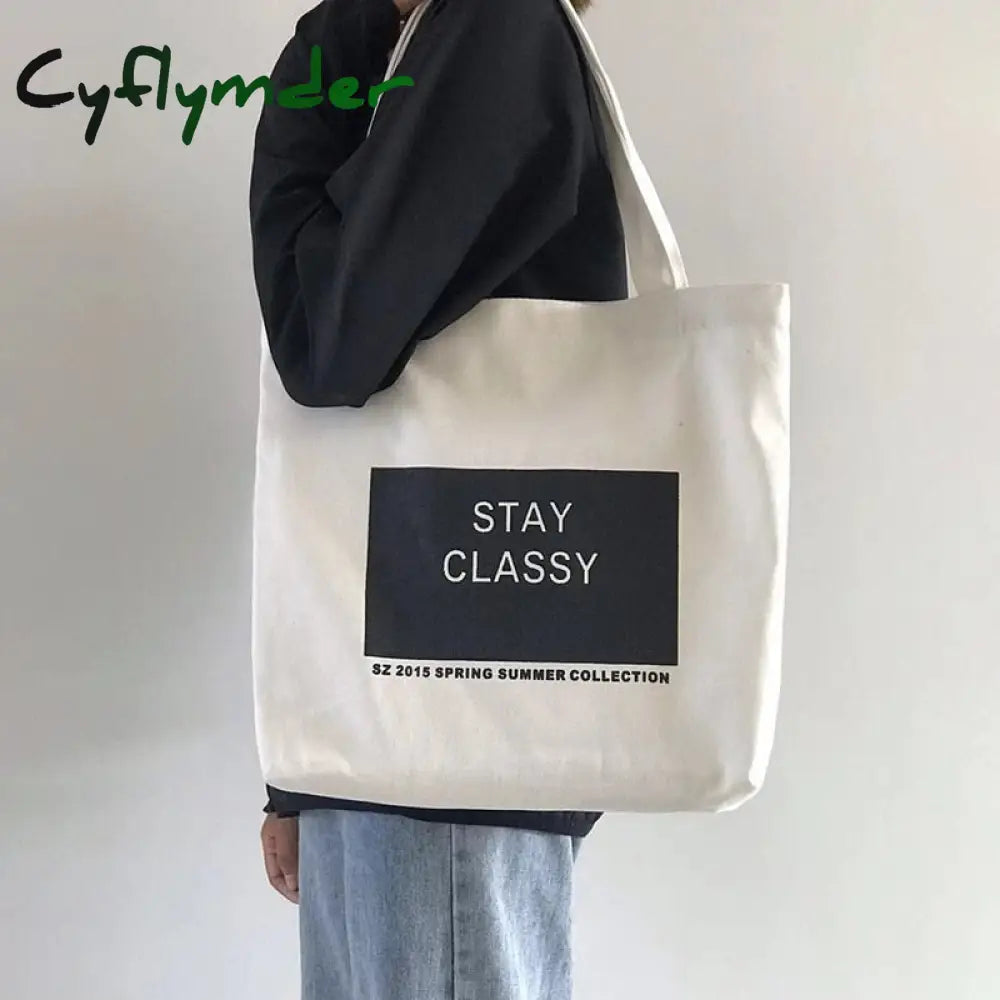 Cyflymder Canvas Zipper Shopping Bag Large Capacity Conventional Tote Fashion Letter Printing