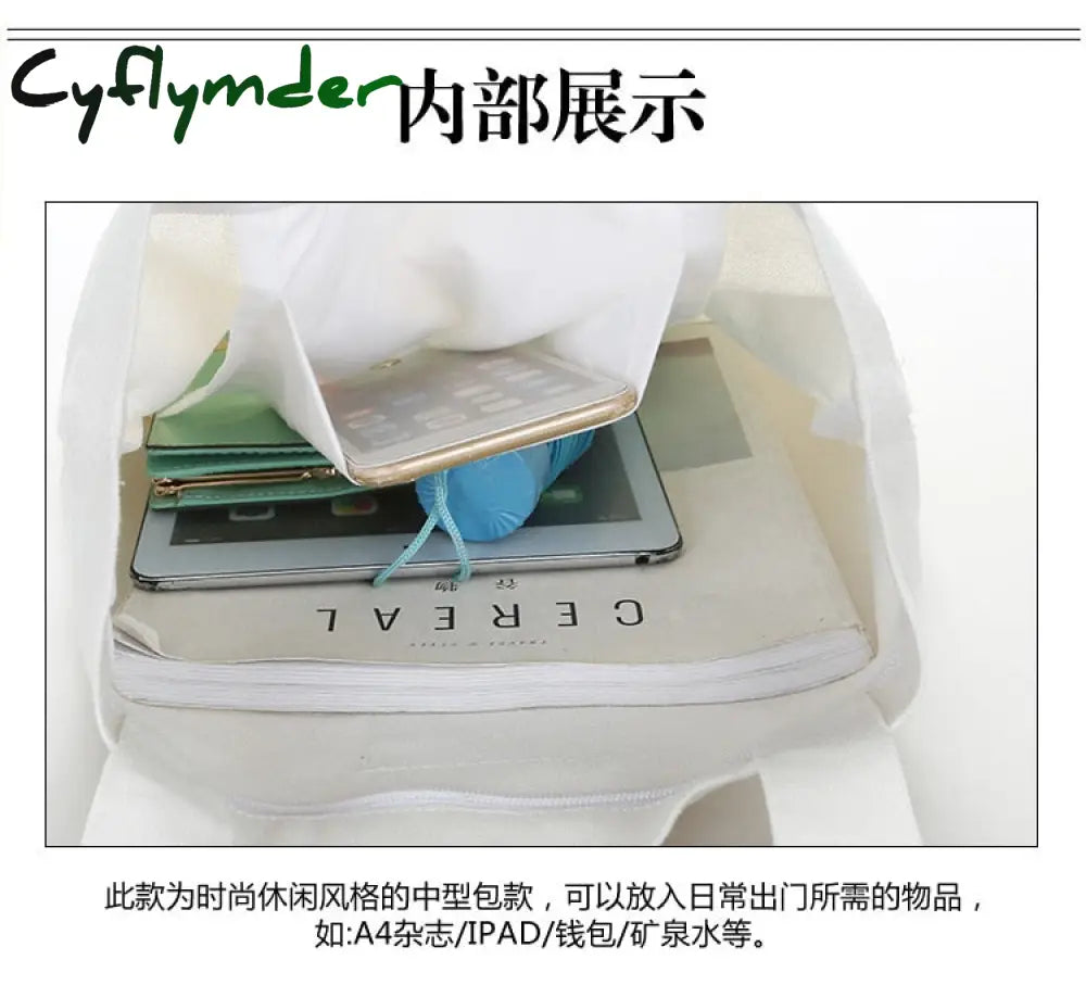 Cyflymder Canvas Zipper Shopping Bag Large Capacity Conventional Tote Fashion Letter Printing