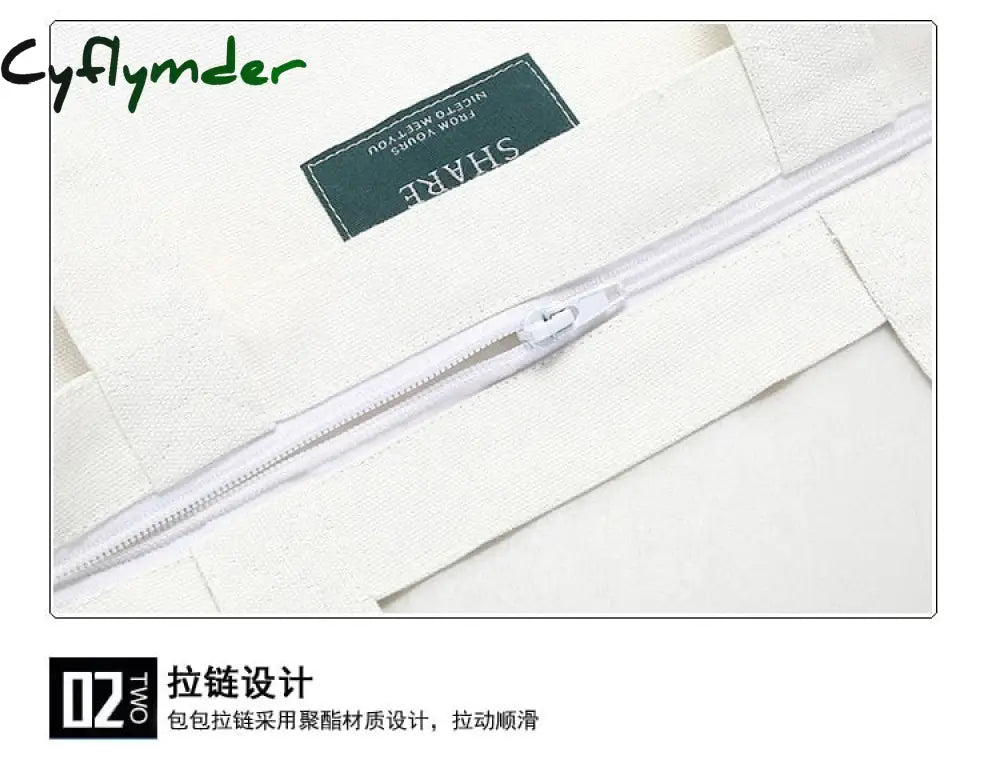 Cyflymder Canvas Zipper Shopping Bag Large Capacity Conventional Tote Fashion Letter Printing